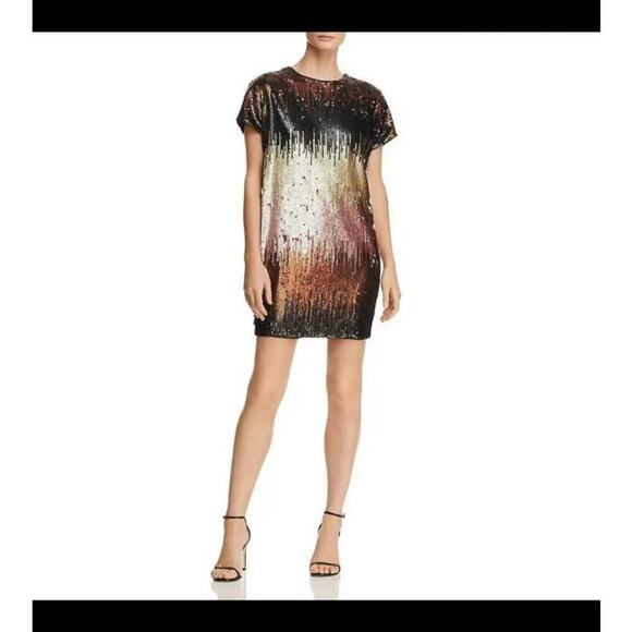 Aidan Mattox Dress Sequin Ombre Mini Shift Short Sleeve Black Pink Gold 0 XS - Picture 12 of 12